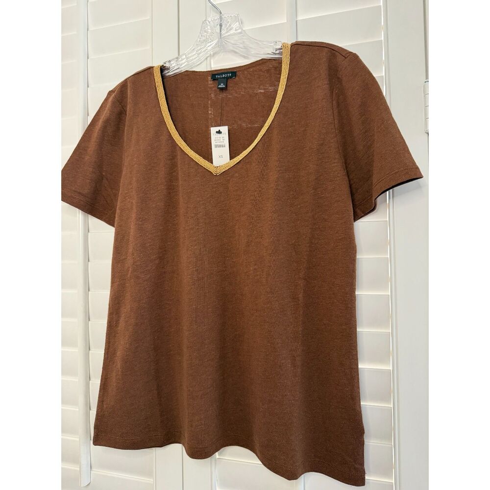 Talbots Chestnut Brown Beaded Gold V-Neck Knit Top Size XS NWT